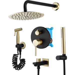 Shower Faucet Set Black and Brushed Gold Rainfall Shower System Wall Mounted Shower Complete Combo Set with 10 Inch Rainfall Shower Head, Handheld Shower Head, Tub Spout, Bidet Sprayer
