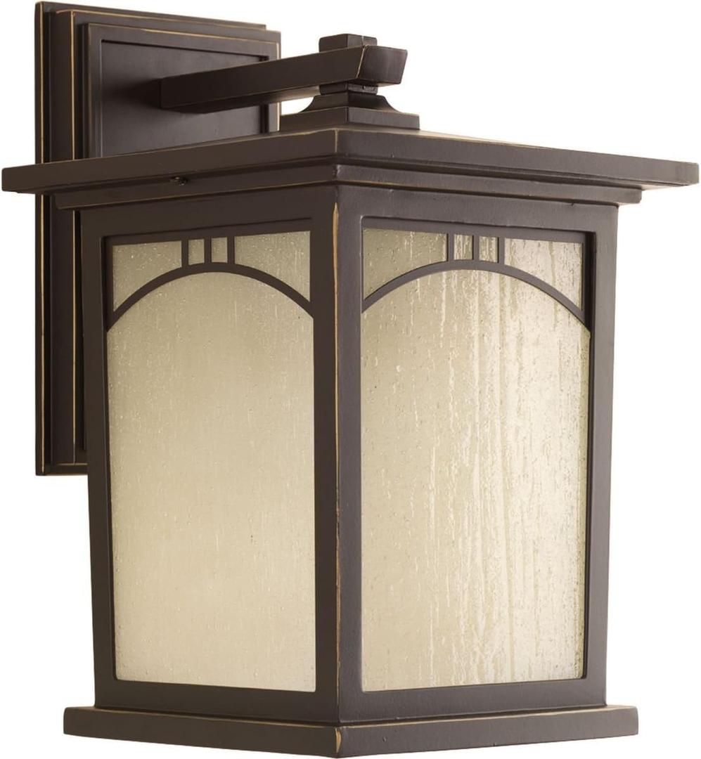 Progress Lighting Residence Collection 1-Light Umber Textured Art Glass Craftsman Outdoor Medium Wall Lantern Light Antique Bronze, 8"