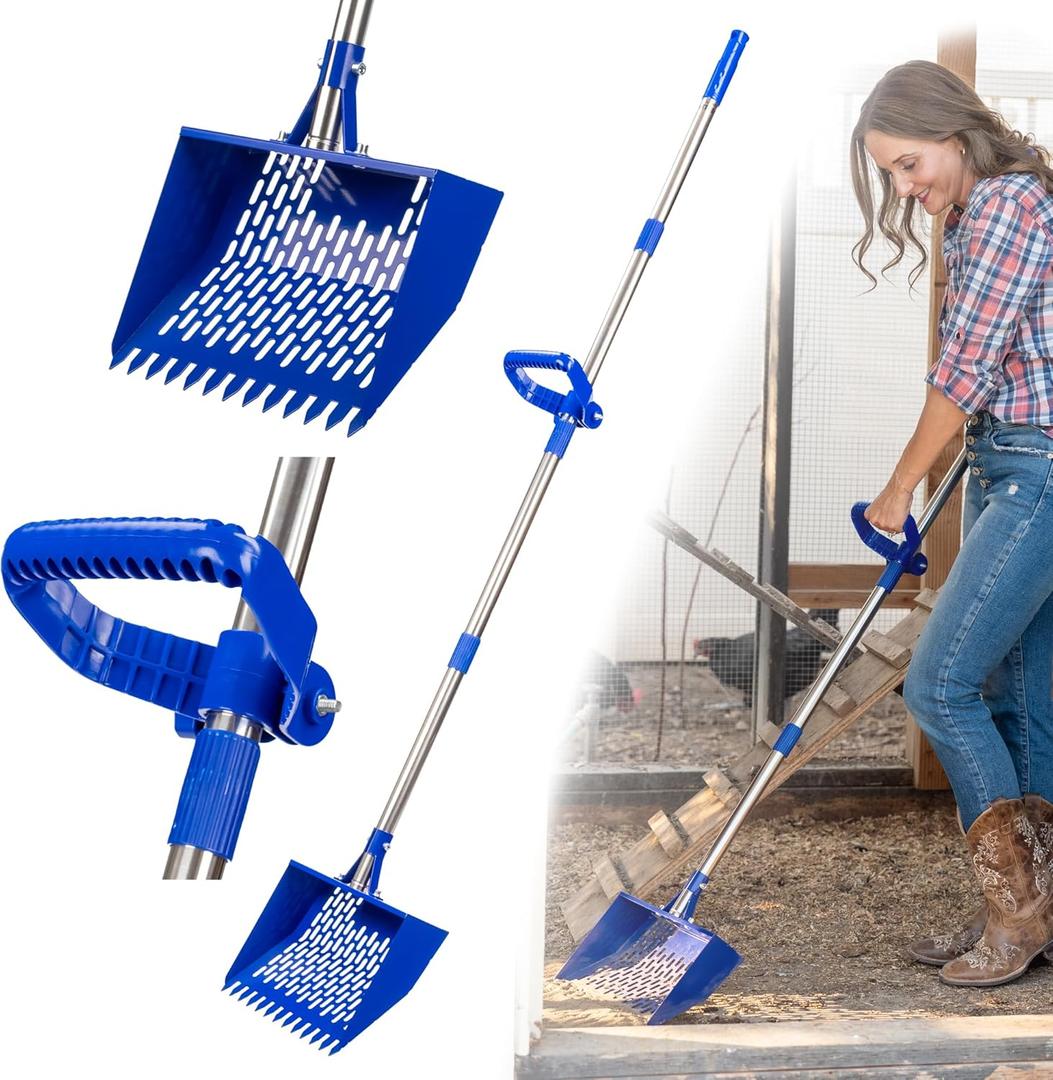 Chicken Poop Scooper for Sand & Litter  Heavy-Duty Metal Scoop with 10.2" Wide Head, Adjustable 2474" Handle, Built-in Rake & Hook  Family Brand for Chickens, Ducks & Goats