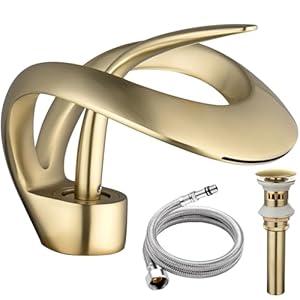Elegant Bathroom Sink Faucet Single Hole,AUU Waterfall Chorme Vessel Sink Faucet Solid Brass,Single Handle Tall Bowl Sink Faucet with Pop Up Drian Supply Line 
Brushed Gold)