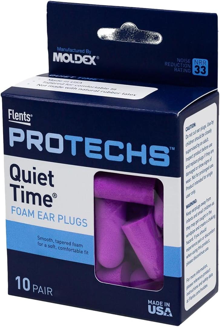 Flents Protechs Foam Ear Plugs, 10 Pair with Case for Sleeping, Snoring, Loud Noise, Traveling, Concerts, Construction, Studying, Work, Shooting, NRR 33, Purple, Disposable, Made in the USA