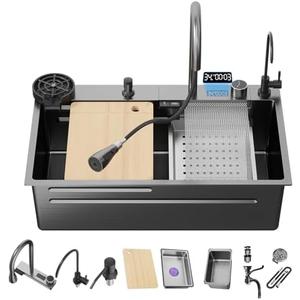 Kiamates 33 Inch Black-Grey Nano Kitchen Sink and Waterfall Faucet, 33x19x8 Single Bowl Stainless Steel Workstation Kitchen Sink with Digital Display and Faucet Combo Set