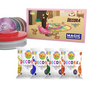 Decora Magic Rangoli Maker Kit  Includes 4 Assorted Rangoli Powder Colours, 4 Reusable 10 cm Stencils & 1 Magic Tool  Rangoli Making Kit for Diwali, Navratri, Pongal & Mandir Decoration