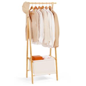 Relquorax Bamboo Clothes Rack with Storage Box, Portable Extra Large Garment Rack Clothing Rack, Foldable Wardrobe For Entryway and Bed Room (S)
