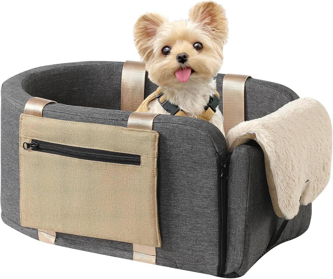 Console Dog Car Seat Cat Carrier - Pet Car Booster Seat on Cars' Armrest Travel Bags for Cats Dogs with Easy Carrying Strap Dog Travel Carrier with Safety Tethers