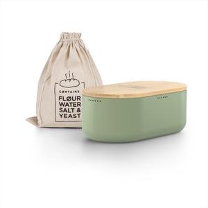 LARS NYSM Bread Box I Metal Box with linen bag for long lasting freshness I Bread Bin with bamboo lid usable as cutting board I 14.2x7.5x5.1 In (Sage Green)
