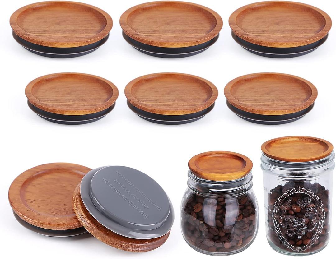 3Pack Regular Mouth and 3Pack Wide Mouth Mason Jar Lids Acacia Wooden Storage Canning Jar Lids Ball Jars Bamboo Wooden Lids with Airtight Silicone Seal, Brown