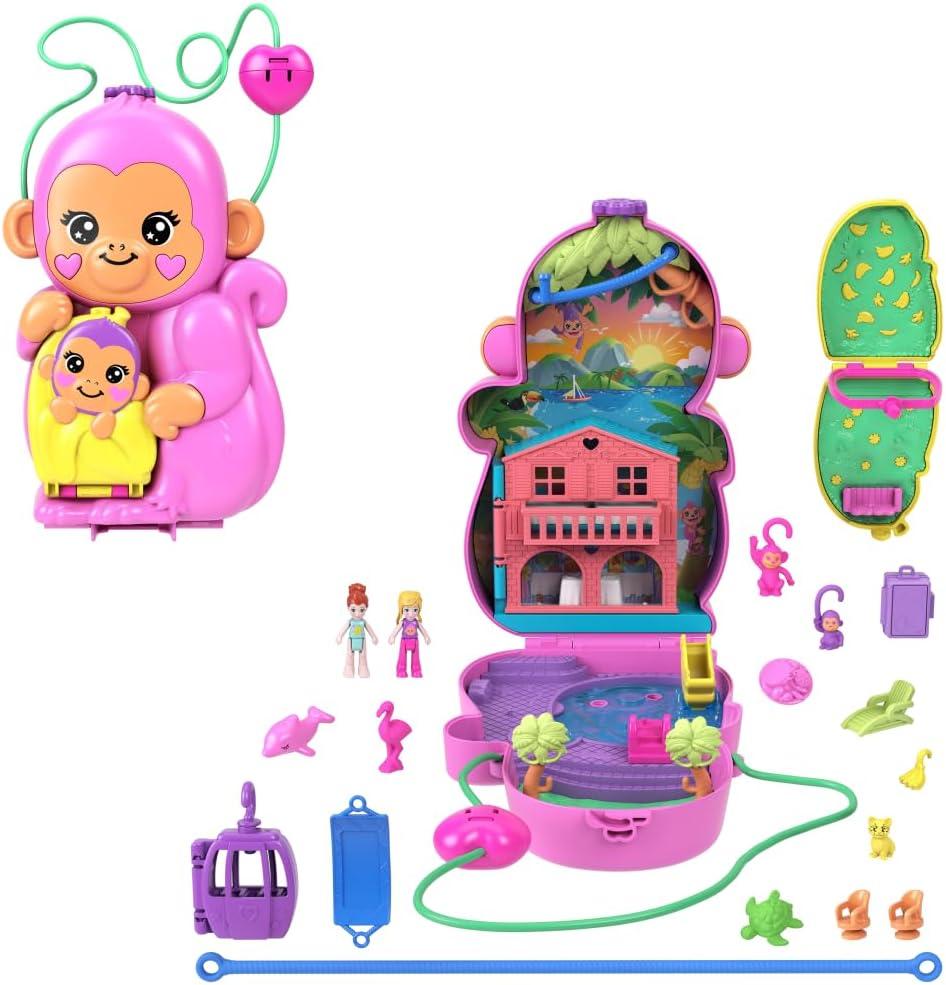 Polly Pocket Dolls & Playset with Pets & 13 Accessories, 2-in-1 Momma Monkey & Baby Wearable Purse & Animal Toy