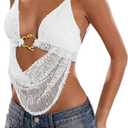 Women's Crochet Halter Crop Tank Top Open Back Tie Metal Ring Rave Sexy Y2K Going Out Tops for Women Party Club (White, S)