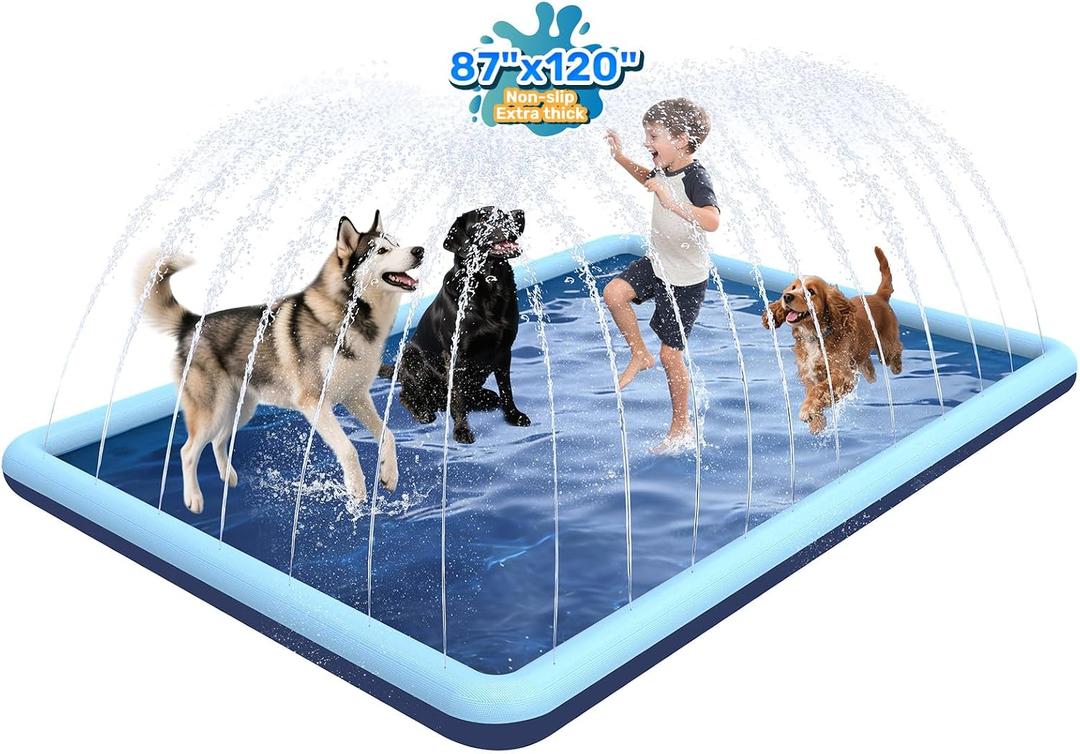 120"x 87" Splash Pad for Dogs, Non-Slip, Rantangle Splash Pad for Kids Ages 4-8,Extar Large Splash Pads for Toddlers 1-3, Dog Sprinkler Shallow Pool, Outdoor Water Toys for Backyard, Teal