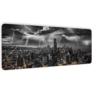 Chicago Desk Mat, Lightning Mouse Pad, Chicago Skyline Waterproof Mousepad, Black and White City Keyboard Mat, Stitched Edges and Non-Slip Base, Desk Pad for Office & Home, 31.5 X 11.8 Inch, 3mm Thick