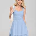 IWD Women's Square Neck Sleeveless Mini Dress Ruched Waist Tiered Ruffle Hem A Line Short Dresses, XXS