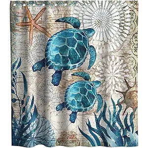 Nautical Green Sea Turtles Beach Theme Fabric Shower Curtain Sets Bathroom Blue Ocean Decor with Grommets and Hooks - 72 x 72 Inch Teal