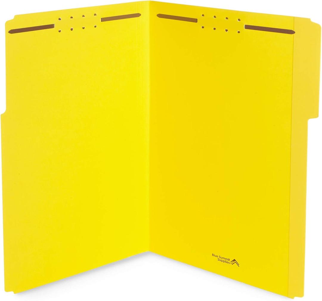 Blue Summit Supplies Yellow File Folders with Prongs, Legal Size, and 1/3 Cut Reinforced Tabs, Durable 2 Prongs, Designed to Organize Standard Medical or Law Files, 50 Pack