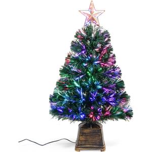 24 inch Green Fiber Optic Christmas Tree, Pre-Lit Artificial Mini Christmas Tree, 2ft Tabletop Small Xmas Tree with Gold Base Pot with Stars for Holiday Home Decorations