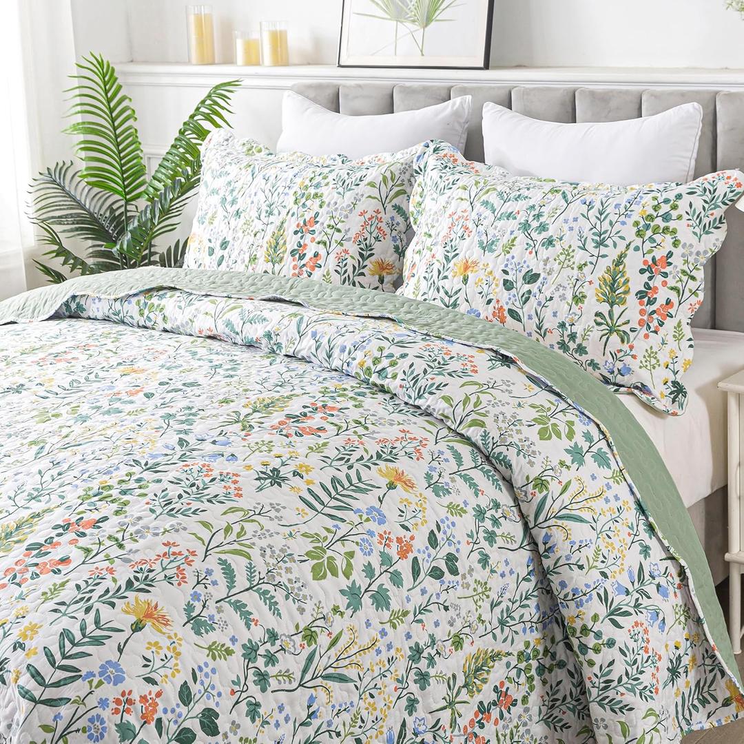 HoneiLife Floral Quilt King Size - 3 Pieces Microfiber Quilt Sets Lightweight Bedspreads Wildflower Coverlets Retro Bed Cover King Quilt Bedding Set All Season Quilts (King-106" x 96", Green & White)