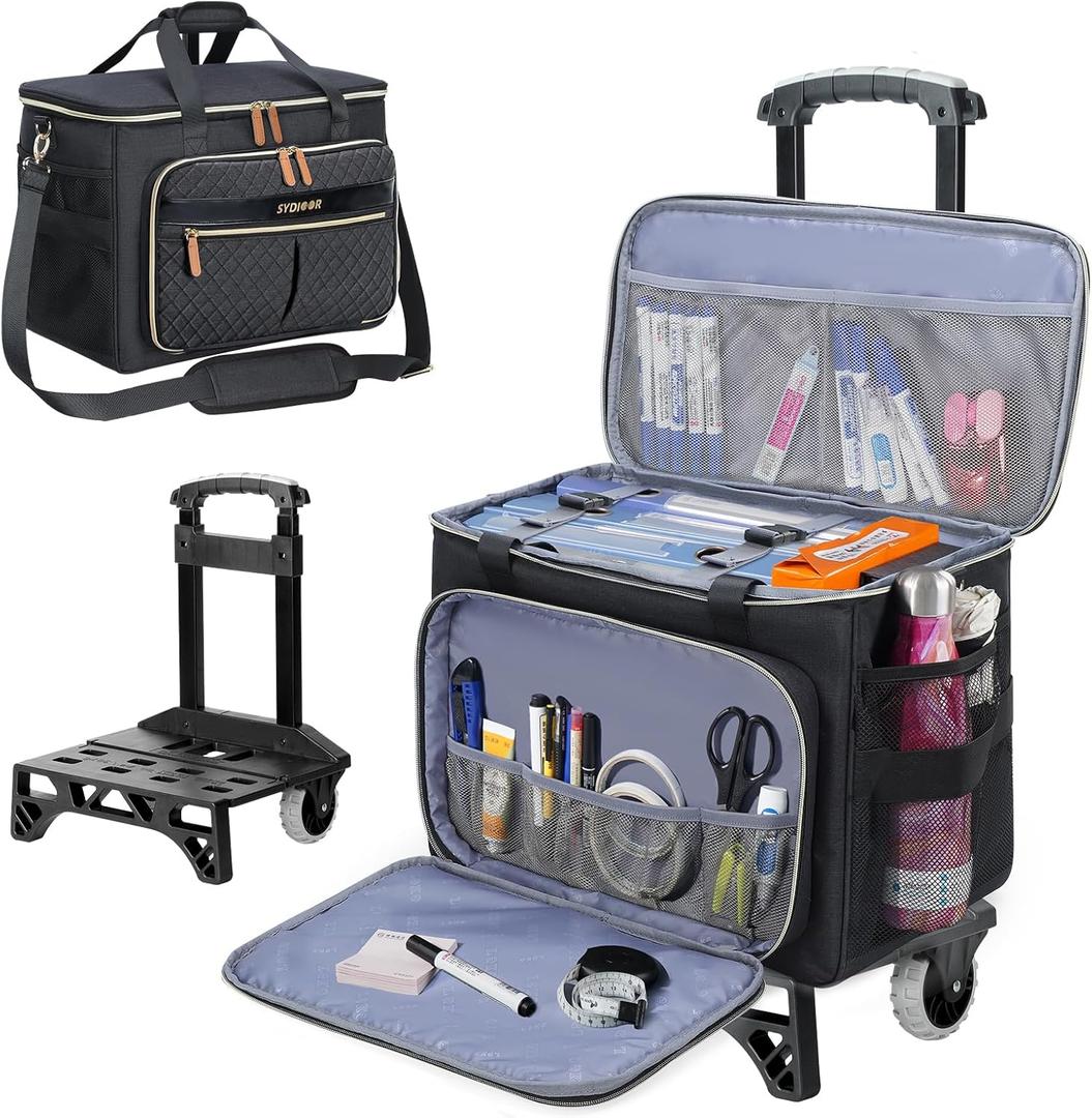 Teachers Rolling Tote Cart, Tote Bag with Wheels Spacious Wheeled Storage for Teachers: Holds Sewing Supplies, Laptop & Books