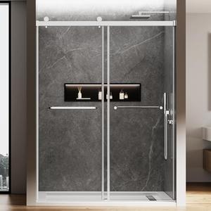 JONIVRAT 56-60" W x 76" H Double Sliding Shower Door, 5/16" (8mm) Clear Tempered Glass, Nano Coated for Easy Cleaning, Pull Handles Towel Rack, Stainless Steel Hardware (Bright Chrome)
