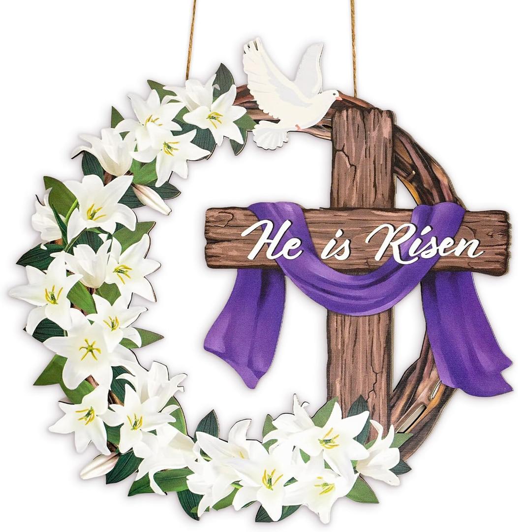 2 x He is Risen Easter Decoration, Wooden Wreaths for Front Door Sign Cross Sign Door Wall Signs, Christian Jesus Lily Flowers Hanging Crafts for Spring Home, Easter Religious Gifts for Women, Men