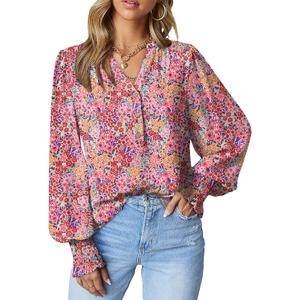 Dokotoo Women's Casual V Neck Easel Floral Print Long Sleeve Blouses Smocked Button Down Shirts Bohemian Top (Purple, XXL)