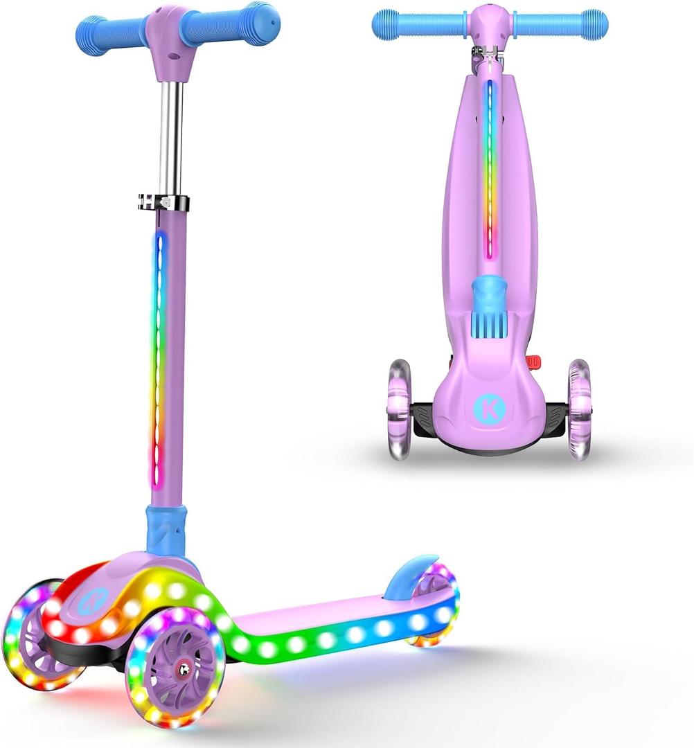 2-in-1 Adjustable Kick Scooter for Kids 3-5 (Suitable 3-12 Years),5-Level Handlebar & Removable Seat, LED Light-Up Wheels, Wide Deck, Foldable Design for Indoor/Outdoor Use - Girls & Boys
