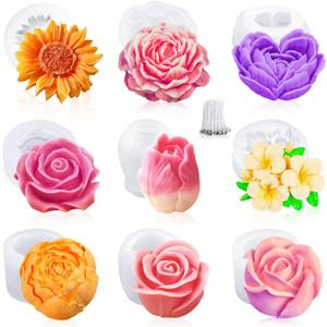 9Pcs Rose Flower Tulip Peony Heart Candle Soap Wax Mold Valentine Day Silicone for Small Butter Candles Chocolate Making Molds 