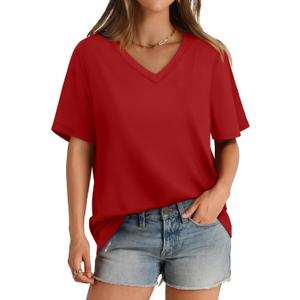Aokosor Womens V Neck Short Sleeve T Shirts Summer Tops 2025 Casual Loose Tees Trending (Large, Red)