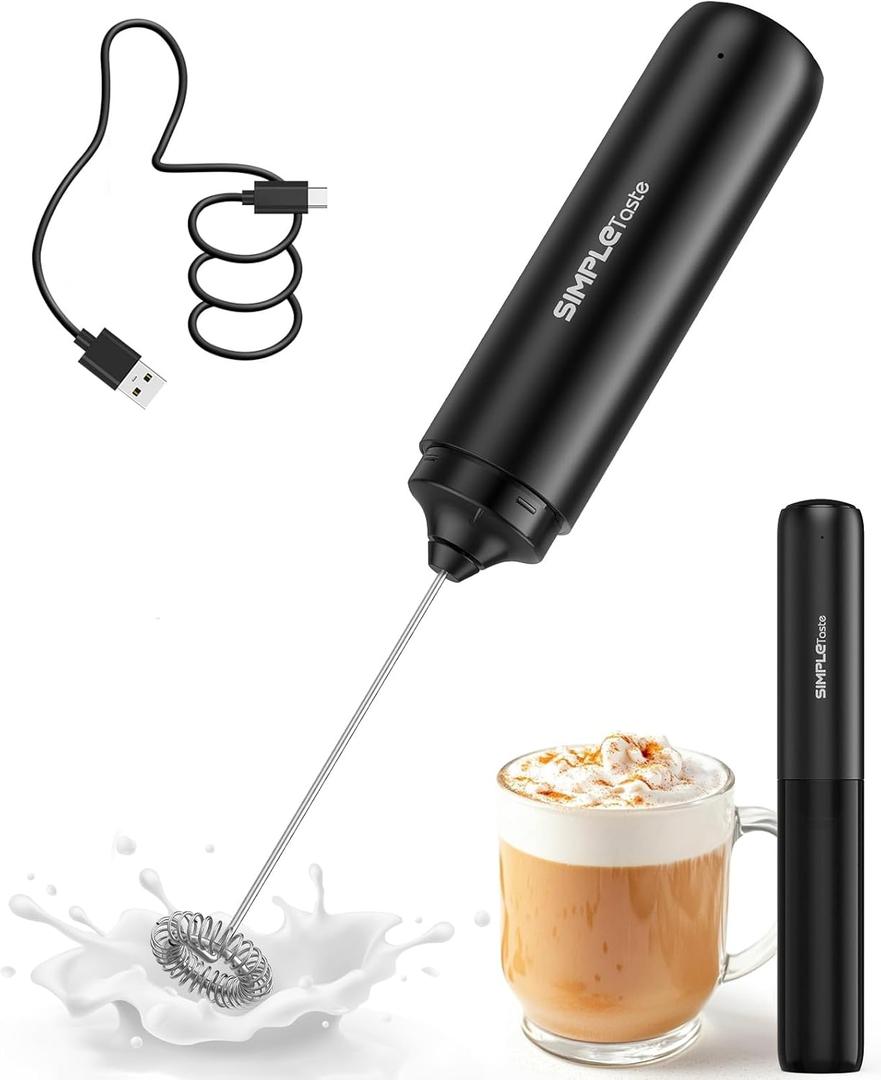 SIMPLETaste Milk Frother Wand Rechargeable Handheld Drink Mixer, USB-C Electric Whisk with Stainless Steel Whisk for Coffee, Lattes, Cappuccino, Matcha, Hot Chocolate&Creamer