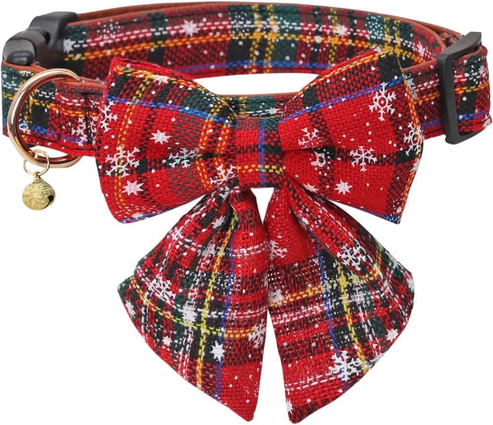 Christmas Dog Collar Snowflake Classic Plaid Adjustable with Cute Bow Tie and Bells (Medium, Bow-red-2)
