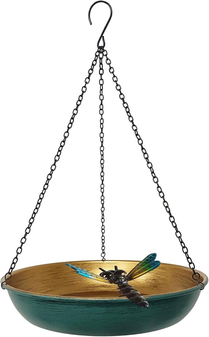Hanging Bird Bath Bird Feeder for Outdoor 11 Inch Green/Bronze Cute Metal Bird Bath Bowl with Detachable Black Chain Metal Dragonfly Backyard Bird Bath Garden Decor