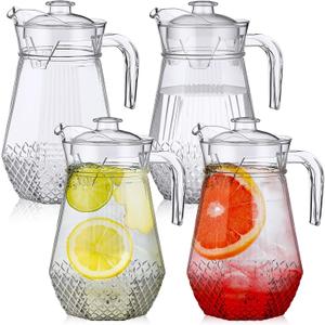 4 Pack Plastic Pitcher 34oz Clear Plastic Water Pitcher with Lid and Spout Handle Fridge Jug Beverage Container for Cold Tea Lemonade Sangria Juice Milk