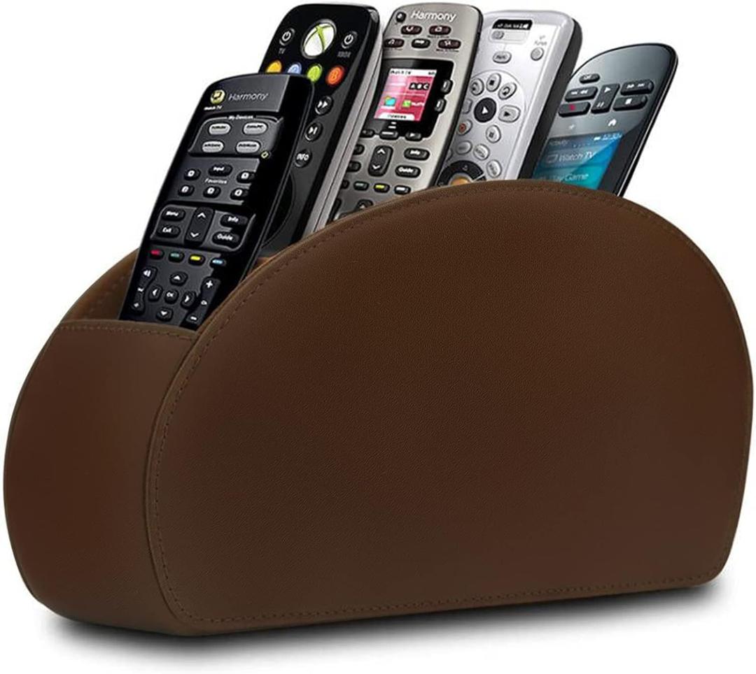 Remote Control Holder with 5 Compartments TV Remote Caddy Store Box,Desktop Organizer for Controller, Glasses and Media Player,Pen Storage (Brown)