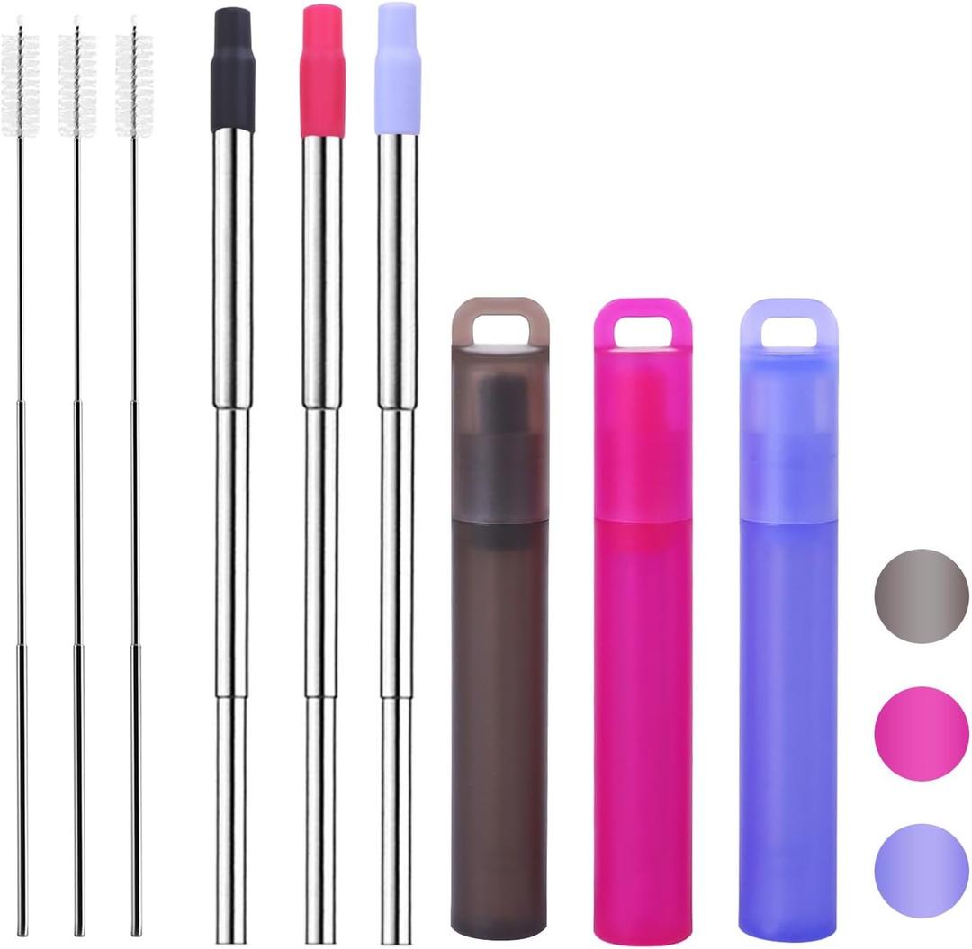 NAIVELY-Reusable Metal Straws 3 Pack Collapsible Stainless Steel Straw,travel straw with case and Cleaning Brush,Retractable Portable Pocket Straws(Gray, Red, Purple orchid, Telescopic brush) (3pack Telescopic brush)