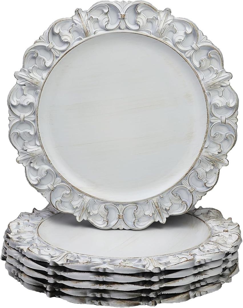 13" Antique Silver Charger Plates, Set of 6 Plastic Textured Chargers for Dinner Plates with Embossed Rim, Table Dcor, Party, Wedding, Holiday 
