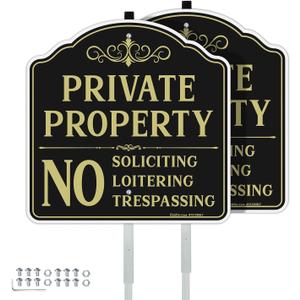 Faittoo Private Property No Soliciting Sign for House with 42" Stake, 2-Pack 12"x12" Rust Free Heavy Aluminum, Reflective, Fade Resistant, 2 Pre-drilled Holes, Includes Matching Screws & Wrench, Small Signage