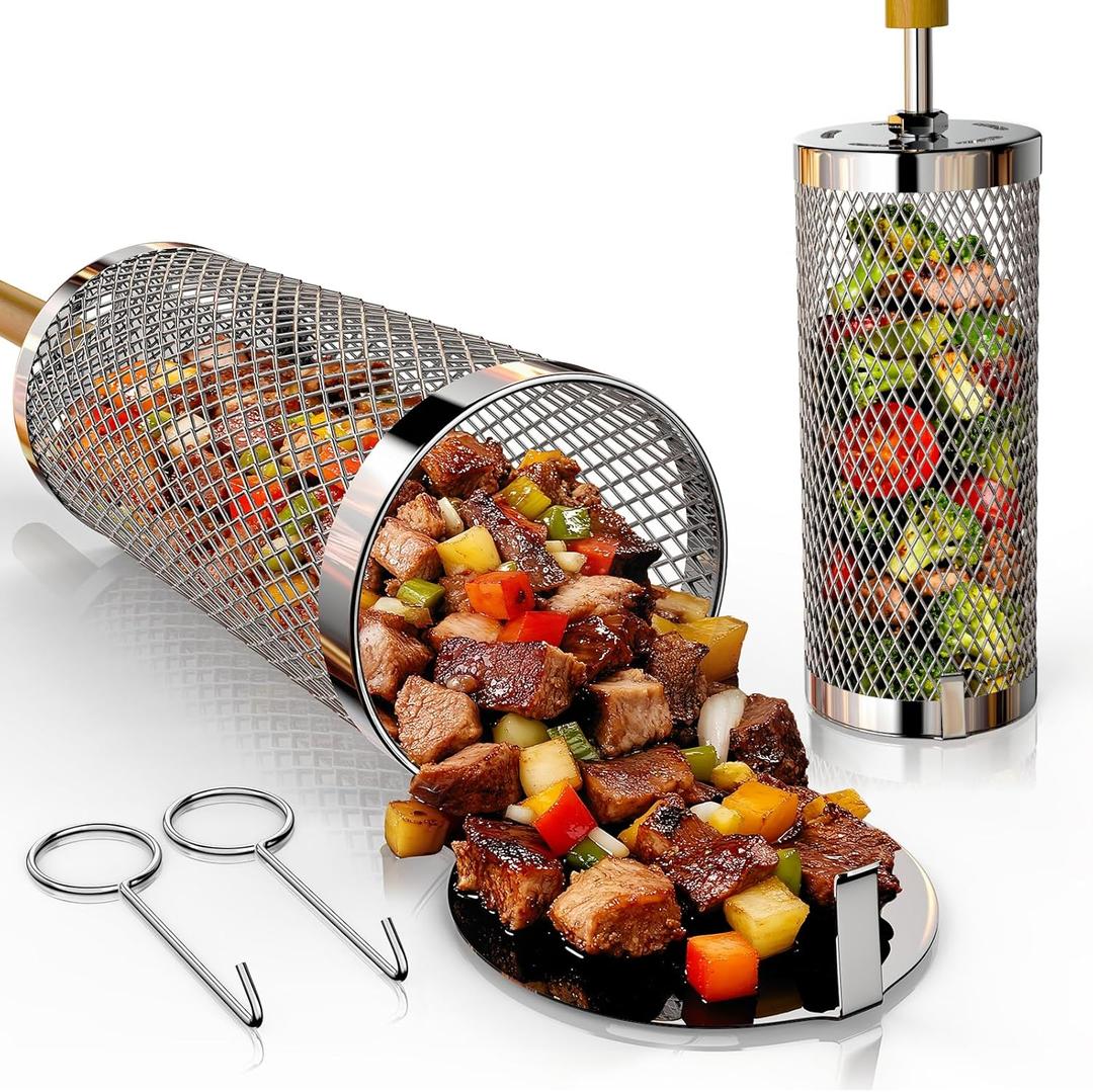 Rolling Grill Basket 2-Pack,304 Stainless Steel Grill Basket with Removable Wooden Handle,BBQ Tool & Smoker Accessory for Veg & Shrimp,Ideal for Outdoor Cooking,Camping & Gifts for Dad/Husband/Men (For 4-7 People (Small+Large))