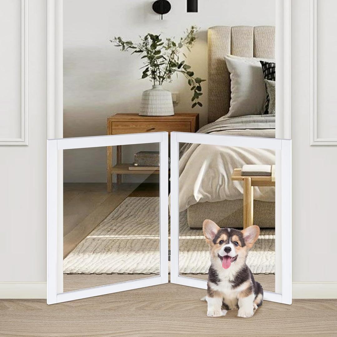 LZRS Clear Dog Gate for Indoor Use - Transparent Pet Fence with Solid Hardwood and Plastic Board, Stylish & Durable freestanding Pet Gate for Doorways, Stairs and Hallways-2 Panel White