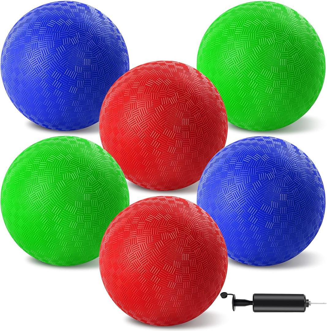 6 Pcs Dodgeballs 8.5 Inch Playground Ball 3 Colour Kickball Inflatable Rubber Handball Bouncy Dodge Ball with 1 Hand Pump for Outdoors Games Gym Camps Picnic (Needle is at The Top of the Pump) (Multicolor)