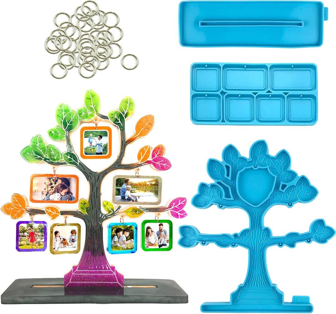 Photo Frame Silicone Resin Moulds Tree Shape Epoxy Resin Mould Picture Frame Mould Kit with Base & Hanging Photo Stand DIY Resin Casting Crafts for Home Decor Desk Wall Office Decoration (Blue)