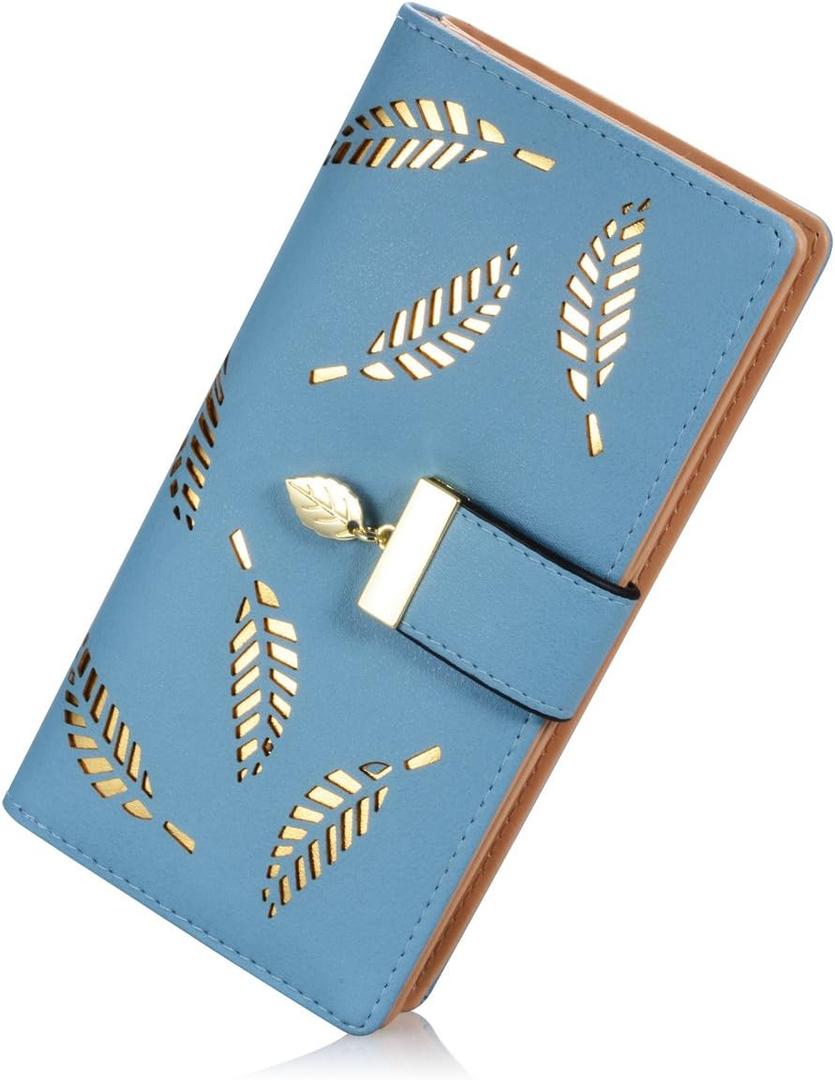 Sweet Cute Chocolate Women's Long Leaf Bifold Wallet Leather Card Holder Purse Zipper Buckle Elegant Clutch Wallet Handbag for Women-Blue
