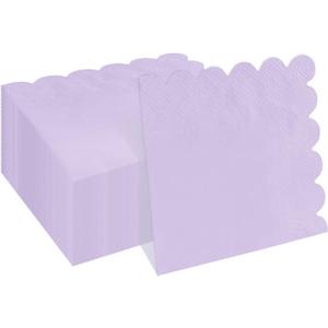 100 Pieces 2-Ply Light Purple Scalloped Napkins Folded 5 x 5 inch Disposable Cocktail Napkins Paper Napkins for Dinner Wedding Birthday Party Lavender Beverage Napkins