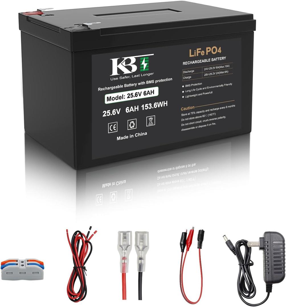 KBT 24V 6Ah Deep Cycle Rechargeable LiFePO4 Lithium Battery with 24V Charger, Charging Cable, Cable Connector