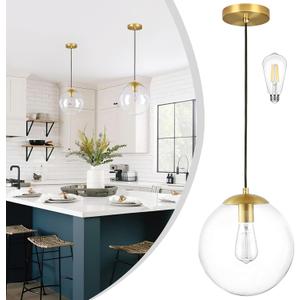KoKo&Yukina 10" Globe Pendant Light Gold Mid Century Pendant Glass Globe Light Fixture Mid Century Modern Light Fixture Brushed Brass Finished with Clear Glass Lampshade for Dining Room Bedroom, 10 inch - standard