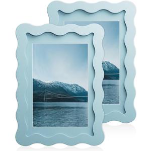 4x6 Wavy Picture Frame With Mat For 3.5x5, Wavy Edge Wooden Picture Frame with Real Glass - Wall Mount and Tabletop Display, Blue, 2 Pack