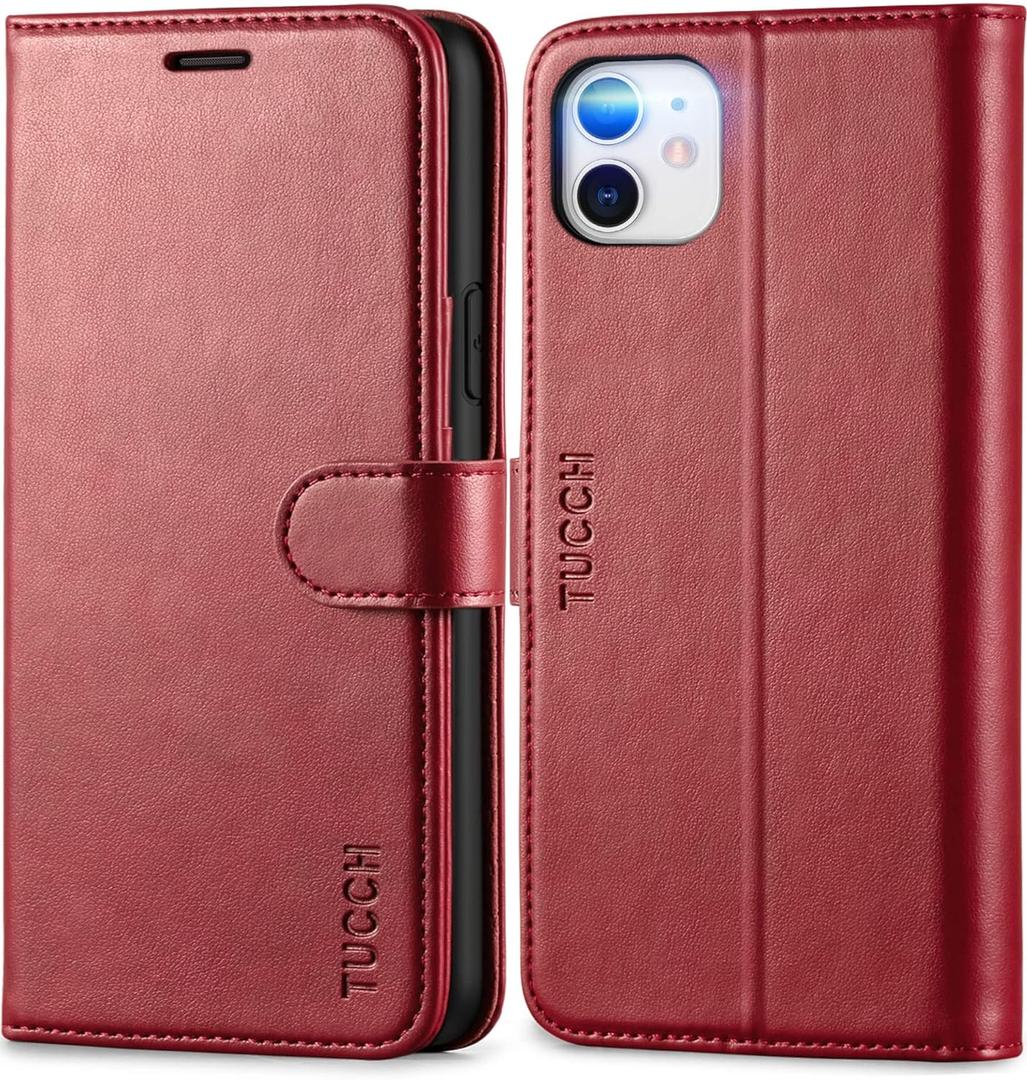 TUCCH Wallet Case for iPhone 11, [RFID Blocking] Card Slots Stand Magnetic Closure Protective Phone Cover, PU Leather [Shockproof TPU Shell] Flip Folio Compatible with iPhone 11 6.1" 2019, Dark Red