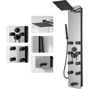 Shower Panel Adjustable Rainfall Head, Shower Head Sprayers
Black, Stainless Steel and Glass, Multifunction Shower Panels Tower System, Handheld Shower 2-Setting Body Jets, Tub Spout