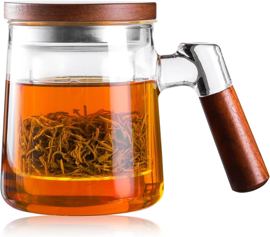 Glass Tea Cup with Infuser and Lid, Borosilicate Glass Tea Infuser Mug, 18.6oz/550ml, Microwave & Dishwasher Safe, Teacup with Filter for Loose Leaf Tea, Gift for Family (T1)