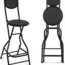 Sintuff 1 Pcs Seat Height 26 Inch Folding Bar Stool with Backrest Leather Padded Collapsible Stools for Adults Portable Black Bar Height Folding Chairs for Outdoor Indoor Kitchen Shop Cafe, One Size