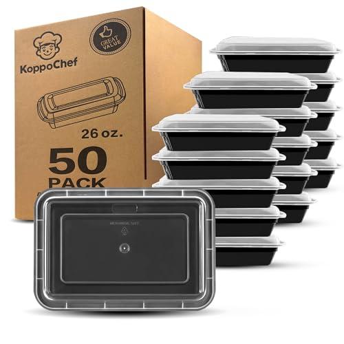 Koppochef 26oz Meal Prep Containers [50 Pack], Leakproof and Durable, Microwave Dishwasher Freezer Safe, Single Compartment Stackable Take Out Food Containers with Lid, BPA Free and Recyclable