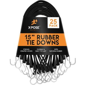 Rubber Bungee Cords with Hooks 25 Pack 15 Inch (23 Max Stretch) Heavy-Duty Black Tie Down Straps for Outdoor, Tarp Covers, Canvas Canopies, Motorcycle, and Cargo - by Xpose Safety